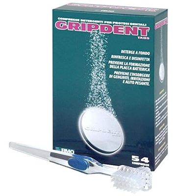 Gripdent Tabs 54 - Comprimés désinfectants + brosse à dents - Désinfecte et blanchit les prothèses dentaires, les attelles dentaires, les appareils orthodontiques et les appareils d'apnée du sommeil.