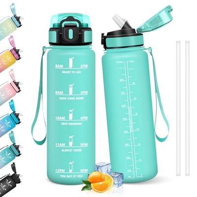 HoneyHolly Botella Agua 1 Litro, Libre de BPA & Prueba de Fugas, Cantimplora, con Pajita, Botella Agua Gimnasio, con Marcador de Tiempo, Cantimplora para Sport, Bicicleta, Gimnasio, Escuela