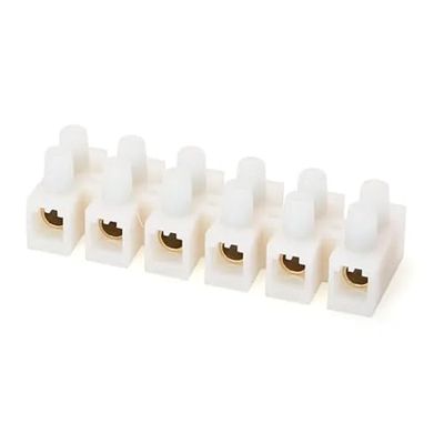 PA18 terminal block, with elegant white concave base.Features 6 pins for secure connections.Perfect for electrical projects and electronic components.