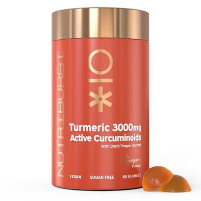 Nutriburst Turmeric Curcumin with Black Pepper Extract - Powerful Antioxidants & Anti-inflammatory, Supports Joint & Muscle Health - Vegan, Sugar Free - 60 Ginger Gummies - 1 Month Supply
