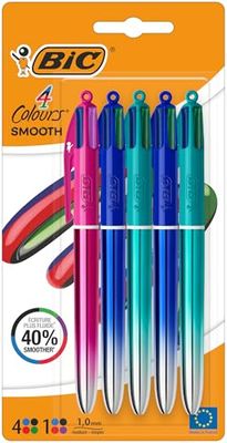 BIC 4 Couleurs Smooth Stylos-Billes Rétractables à Pointe Moyenne (1 mm) - Stylo 4 Couleurs avec encre effet gel fluide - Couleurs d’Encre Assorties, Pack de 5