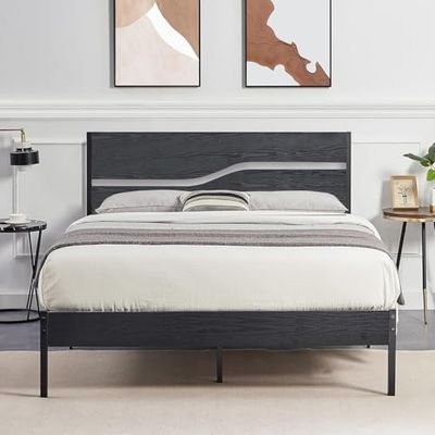 VECELO Estructura de Cama de 140 x 200 cm con cabecero de Madera Gruesa, Cama Doble de Metal con somier, Moderna Cama de Invitados, Cama Juvenil, Adultos y Adolescentes, Color Negro