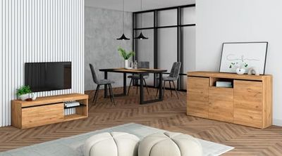 Skraut Home - Ensemble de Meubles de Salon | Table 140 Bicolore Pieds U 6 convives | Meuble TV 120 | Crédence/Buffet 140 | Chêne et Noir | Style Industriel