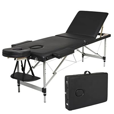 Mondeer Table de Massage Pliante, Lit Cosmétique Pliante Aluminium Professionnel, Lit de Massage Portable, avec Housse de Transport,3 Zone, Noir
