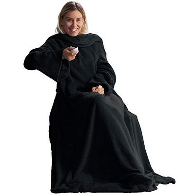CelinaTex Couverture TV avec Manches et Poche pour Les Pieds Couverture Moelleuse XL 170 x 200 cm Noir Microfibre Fleece Soft Oeko-TEX