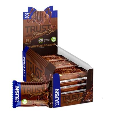 USN Trust Vegan Brownie Bar, Dark Chocolate Protein Brownie: High Protein Bars, Perfect On-the-Go & Post-Workout Protein Snacks (12 x 60g Bars per Pack)
