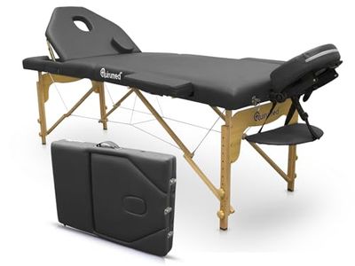QUIRUMED Elite Inklapbare Houten Massagetafel, Kleur Zwart, 194 x 70 cm, Massagebed, Kunstleer, Inklapbare Rugleuning, In Hoogte Verstelbaar, Afneembare Hoofdsteun, Gezichtsgat, 2 Secties, Tot 150 kg