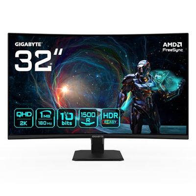 Gigabyte GS32QCA 31.5" QHD Curved Gaming Monitor - 2560 x 1440, 180Hz, 1ms, 250 cd/m², FreeSync, HDR Ready, HDMI 2.0, Displayport 1.4