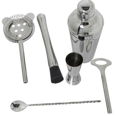 SET 6 UTENSILIOS COCKTAIL ACERO INOX. BRILLO_COCTELERA 550ML,CUCHARA 28CM