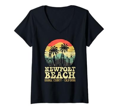 Donna Vintage Newport Orange Co. Palme da spiaggia e tavole da Maglietta con Collo a V
