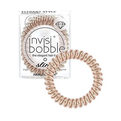 invisibobble Slim Hair Scrunchie Bronze, 3 x Thin Bronze Hair Bobbles for Girls and Women, Elegant Look & Strong Hold, Designed in the Heart of Munich