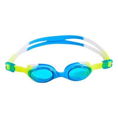 BornToSwim Occhiali da Nuoto Premium per Bambini, Arcobaleno, Cinturino in Silicone Facilmente Regolabile, Lenti AntiGraffio con Protezione UV Integrata, Blu/Giallo, Taglia Unica