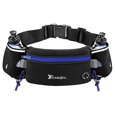 Number-one Loopriem met waterflessen (2 x 175 ml), hydratatieriem waterdichte heuptas, past voor iPhones, verstelbare sportheuptas voor marathon- en hardlopen, wandelen, fietsen, Blauw, 80cm*12cm
