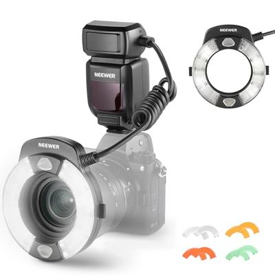 Neewer RF1-N Marco ringficklampa kompatibel med Nikon-kamera, 76 W GN15 5600 K TTL-belysning 1-1/128 utgång fram/bakre gardin synkronisera färg geler, linsadapterringar för makrofotografering