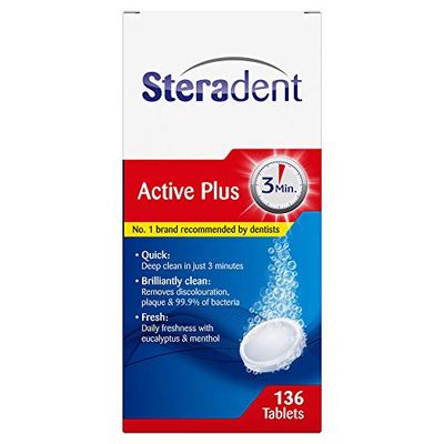 Steradent Active Plus, Denture Cleaning Tablets, 136 Tablets, Denture Care, Plaque Removal, Denture Tablets, Stain Removal, Deep Clean In 3 Minutes, Cleansers, Denture Care