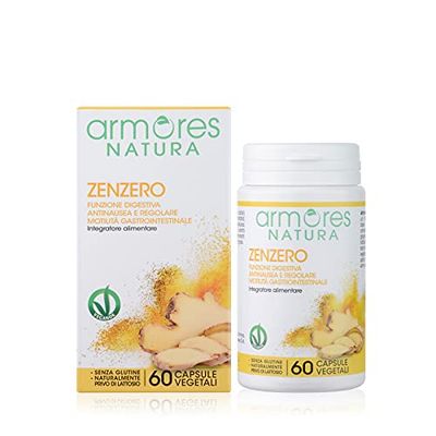 Armores Natura Integratori Alimentari, Zenzero, Integratore per la Funzione Digestiva, Antinausea e per la Regolare Motilità Gastrointestinale, a Base di Radice di Zenzero, Vegano, 60 Capsule Vegetali