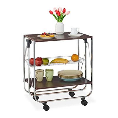 Relaxdays Foldable Trolley, 4 Castors, 2 Shelves and Mesh Basket, HWD: 70 x 68 x 40 cm, Multipurpose Serving Cart, Brown
