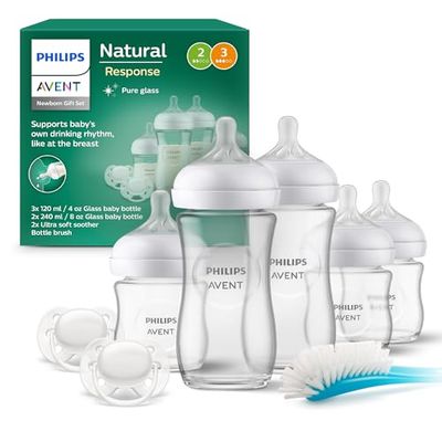Philips Avent Natural Response: 3 Biberones de 120 ml y 2 de 240 ml, 2 Chupetes Ultra Soft 0-6 Meses, Cepillo, Sin BPA (SCD879/11)