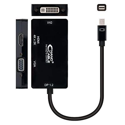 Monkey Ladder Convertisseur Mini DP vers VGA/DVI/HDMI 3 en 1 Noir, 15 cm, idéal pour connecter des appareils aux moniteurs et projecteurs.