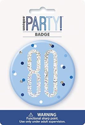 Unique Party 83525 Blauwe Ronde Prismatische 80e Verjaardag Badge 1 St., Leeftijd 80