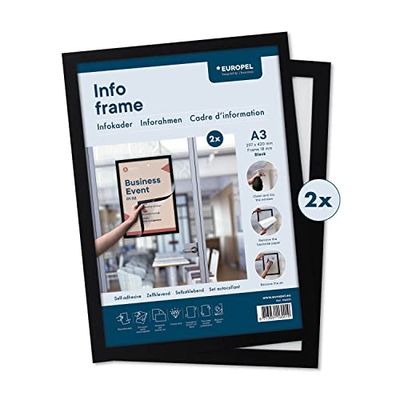 EUROPEL Self-adhesive magnetic info frame from PVC, A3 black, set 2 pcs, removable adhesive, double sided, portrait or landscape, overall dimensions 450x327mm