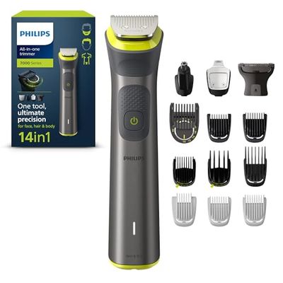 Rifinitore All-in-One Philips serie 7000, Multigroom 14 in 1 per viso, testa e corpo, 21 impostazioni di lunghezza (0,5-16 mm). Un unico strumento, massima precisione (modello MG7930/15)