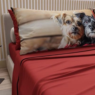 PETTI Artigiani Italiani - Lenzuola Animali con Cani in Cotone con Federe in Stampa Digitale, Lenzuola Matrimoniali, Completo Letto Matrimoniale Rosso, 100% Made in Italy