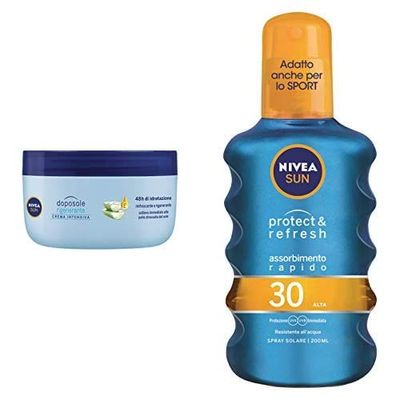 Nivea Sun Protect & Refresh Spray Solare Trasparente FP30, Protezione Alta, 200 ml + Nivea Sun Crema Intensiva Doposole Rigenerante con estratto di Loto, 300 ml