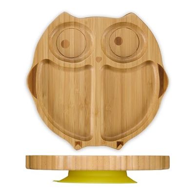Relaxdays vakjesbord, uil design, 4 vakjes, babybord met zuignap, antislip, diep kinderbord, bamboe bord, natuur