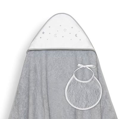 Interbaby - Capa de Baño Bebe Gris + Babero | Toalla Bebe con Capucha 100% Algodón, 100x100cm, Unisex | Suave, Cómoda, Ideal Recién Nacidos, Bebes y Niños Pequeños | Diseño Estrellas Lunas Bodoques