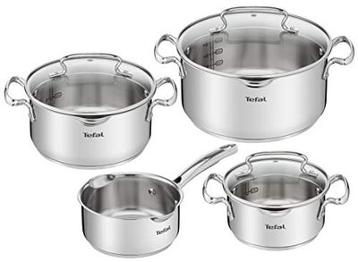 Tefal Duetto Lot de 7 pièces : 3 casseroles 16/20/24 cm, 1 casserole 16 cm, 3 couvercles en acier inoxydable, 3 couvercles en verre, marques de mesure, toutes sortes de cuisines, passe au four et au