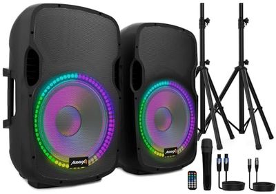 Audibax Party 215 - Set di 2 Casse Attive e Passive da 15" - Potenza 500W - Altoparlante Amplificato - Connessione USB/SD - Supporto + Cavo + Microfono Inclusi - Altoparlante Bluetooth - LED