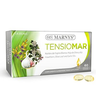 Marnys Tensiomar Para la tensión arterial, Favorece la Normal Función del Corazón, Cápsulas de Aceite de Espino Blanco, Olivo y Ajo, 60 Cápsulas