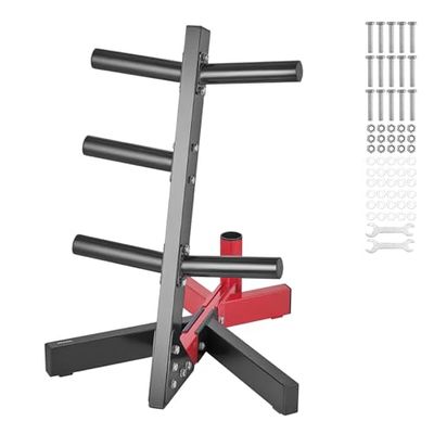 VEVOR Soporte para Discos de Pesas, Estructura en Forma de L, Carga de 227 kg, para Almacenar Discos de Pesas Estándar, Soporte para Barras de Gimnasio en Casa, Negro y Rojo, 630 x 625 x 825 mm