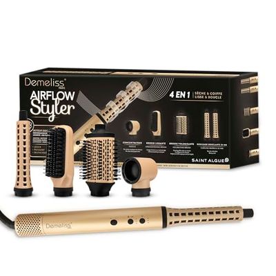 Demeliss SAINT ALGUE - AIRFLOW STYLER - Brosse Soufflante 4 en 1 - Sèche & Coiffe, Lisse & Boucle - produit puissant, Compact et Léger - 3 Températures Réglables, pour Tous Types de Cheveux