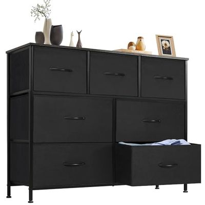 DUMOS Cassettiera per camera da letto con cassetti in tessuto, organizer alto per vestiti, armadio, cameretta dei bambini, con struttura in metallo, pannello in legno leggero
