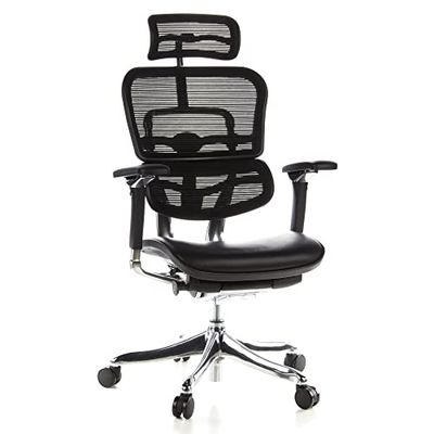 hjh OFFICE 652640 Silla Escritorio ERGOHUMAN Plus Cuero Negro, Silla giratoria ergonómica, Respaldo en Malla, Ajuste de inclinación del Asiento