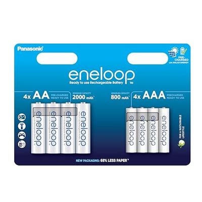 Panaosonic eneloop, confezione da 8 con 4 AA/Mignon + 4 AAA/Micro con capacità aumentata, batterie ricaricabili in confezione al senza plastica