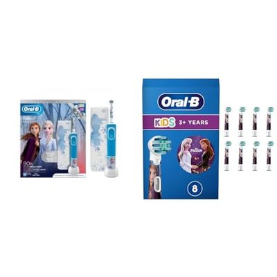 Oral-B Spazzolino Elettrico Ricaricabile Bambini Frozen+3 Anni, Custodia da Viaggio + Oral-B Kids 3+ Testine Spazzolino Elettrico Frozen, Confezione da 8 Testine di Ricambio