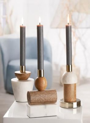 Pack of 3 Candlesticks, Marble, gold-colored, natural colors, PU 3, Assorted 3 times, L. 9 cm, W. 10 cm, H. 17 cm