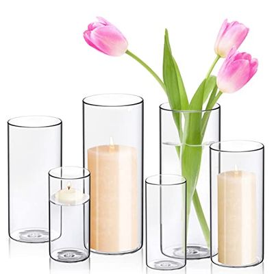 WDHODEC Hurricane Candle Holders Cylinder Flower Vases, Pillar Votives Floating Candles Holder, Clear Glass Vase for Wedding Party Decoration 10" 7.8" 6" Set of 6