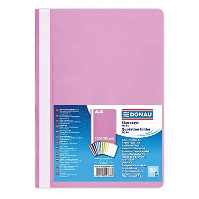 DONAU 1702001PL-16 Plastic File Folder A4 Pink/Transparent Folder Plastic Made of Eco PP Film 120/180 µm/with Transparent Cover/for Office and School/Capacity Approx. 200 Sheets | Pack of 10