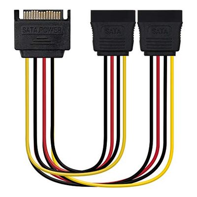 SATA-voedingskabel met SATA-stekker naar twee SATA-aansluitingen, lengte 30 cm, ideaal voor systemen die meerdere SATA-stroomaansluitingen nodig hebben vanaf één uitgang.