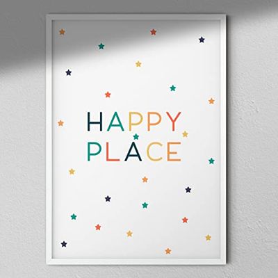 Happy Place Kinderkamer Print - Kinderkunst | New Born Gift Zwart Frame met Mount A4