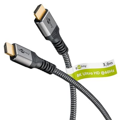 goobay High Speed 2.1 HDMI-kabel met ethernet - vergulde stekker, Ultra HD resoluties tot 8KHz @ 60 & 4K @ 120Hz, HDMI-verlenging voor PS5, Xbox, Apple TV 4K, tv-accessoires, 3m, grijs 65262