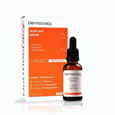 DERMOCRACY - Serum AHA, Ácido Kójico y Alpha-Abutin - Iluminador Facial, Serum Antimanchas Facial - Acido láctico Exfoliante - 30ml