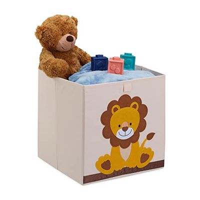 Relaxdays Bac de Rangement pour Enfants, Motif Lion, HxLxP : 33x33x33 cm, boîte en Tissu, Panier à Jouets, Beige/Jaune