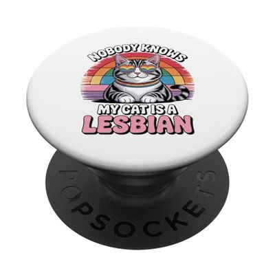 Divertido Lesbianas Gato Orgullo LGBTQ Retro Rainbow Humor PopSockets PopGrip Adhesivo