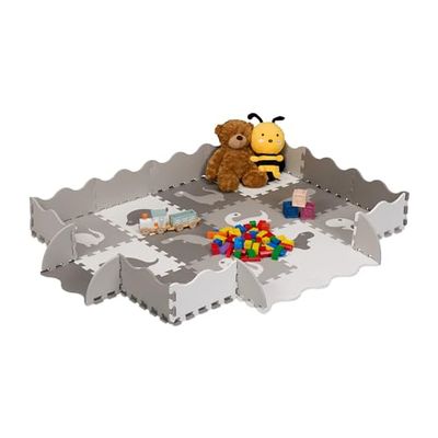 Relaxdays Tapis de Jeu, Puzzle 4x3 pièces, Bordure, Dinosaures, Mousse sans substances nocives, Enfants, Gris - Blanc