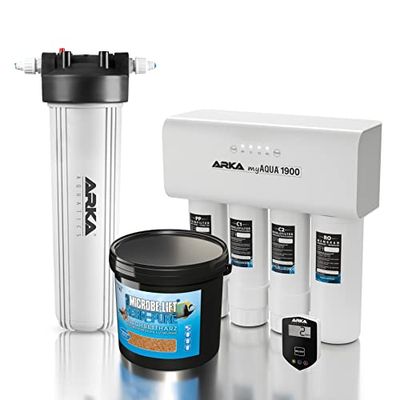 ARKA myAQUA Starterset 1900 - Sistema de ósmosis inversa para 1900L/día con medidor TDS en línea y multifiltro/filtro de resina, volumen de llenado 4000ml incl. Resin-Pure - resina de lecho mixto